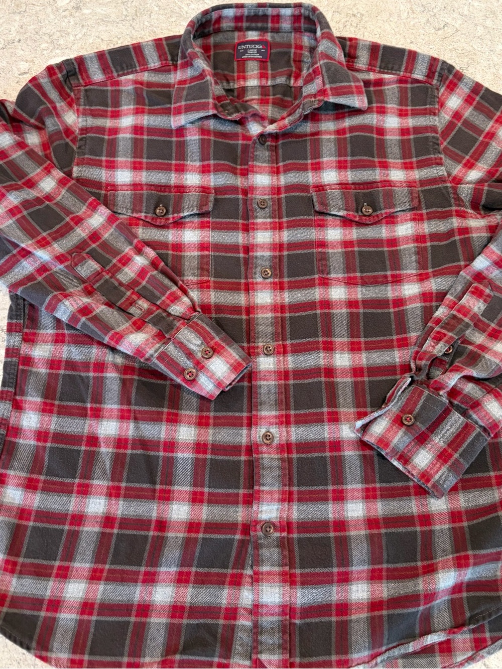 UNTUCKit Men's Red and Gray Plaid Button-Down Shirt with White Accents-Large